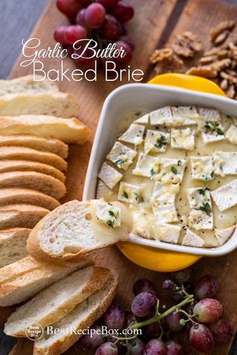 Baked Brie With Garlic Butter Mushrooms, Baked Brie With Garlic Butter, Baked Brie Thanksgiving Appetizer, Easy Baked Brie Recipes, Savoury Brie Recipes, Savoury Baked Brie, Brie Recipes Savory, Garlic Brie Baked, Garlic Butter Baked Brie