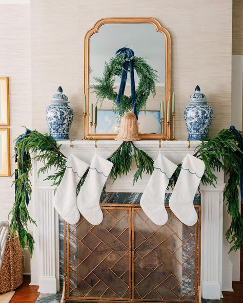 McKenzie Fussell (@mckenziefussell) • Instagram photos and videos I Alone, Holiday Mantle Decor, Chinoiserie Christmas, Southern Christmas, Coastal Christmas Decor, Blue Christmas Decor, The Mantle, How To Make Christmas Tree, 3am Thoughts