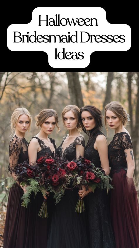 Bridesmaids wearing elegant Halloween dresses with dark hues and lace accents, perfect for a spooky yet stylish fall wedding. Halloween Wedding Party Attire, Dark Moody Bridesmaid Dresses, Halloween Wedding Bridesmaids, Goth Bridesmaid Dresses, Gothic Bridesmaid Dresses, Halloween Bridesmaid Dress, Autumn Bridesmaid Dresses, Alternative Bridesmaid Dresses, Gothic Bridesmaids