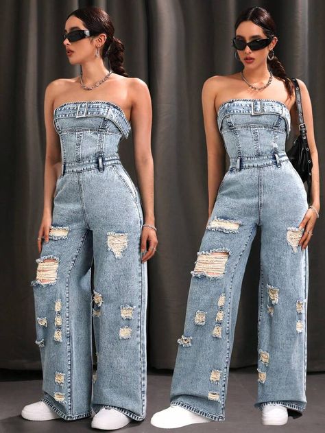 Shein Stuff, Denim Jumpsuit Outfit, Cutesy Clothes, Jump Suits, Casual Chic Outfits, Womens Trendy Dresses, Cute Modest Outfits, Jeans Overall, Jumpsuit Blue