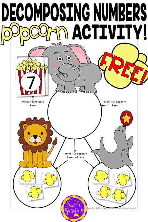 Use these fun free downloads and popcorn to introduce your kindergarteners to decomposing numbers. Includes a recording sheet - learn more! Kindergarten Decomposing Numbers To 10, Decomposing Numbers Kindergarten Free, Numbers Kindergarten Worksheets, Kindergarden Math, Decomposing Numbers Kindergarten, Composing Numbers, Composing And Decomposing Numbers, Number Worksheets Kindergarten, Math Tubs