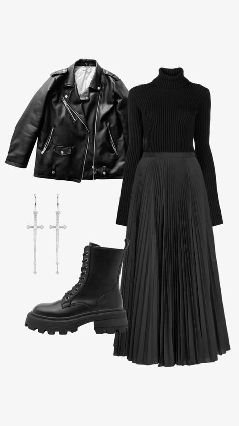 winter collection Goth Outfits With Leather Jacket, Dark Teacher Outfits, Dark Romance Aesthetic Outfits, Pure Black Outfit, Edgy Modest Outfits, School Winter Formal Dresses, Nugoth Outfits, Midsize Goth, Corporate Goth Outfits