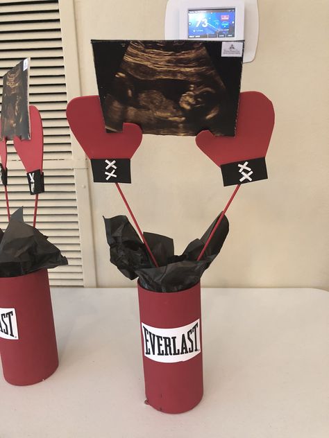 Boxing baby shower centerpiece Boxing Theme Party Ideas Decorations, Mma Themed Gender Reveal, Diy Boxing Party Decorations, Boxing Wedding Theme, Gender Reveal Boxing Theme, Boxing Pregnancy Announcement, Boxing Gender Reveal Cake, Ufc Gender Reveal Ideas, Boxing Party Centerpieces