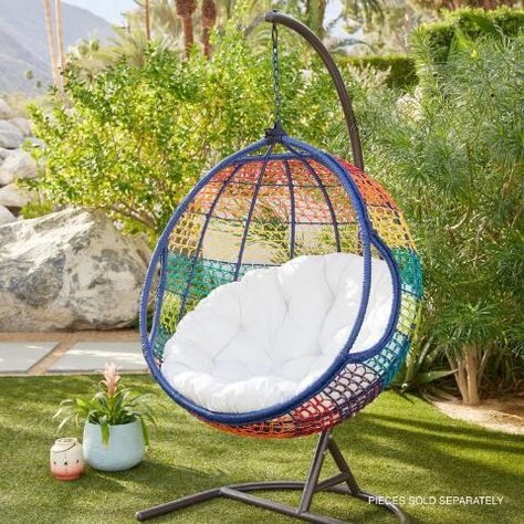 Round Rainbow All Weather Chillasan Outdoor Hanging Chair | World Market Outdoor Hanging Chair, Rainbow Chairs, Plastic Hanging Baskets, Hanging Chair With Stand, Acapulco Chair, Rope Chair, Basket Chair, Portable Hammock, Hanging Chair Outdoor