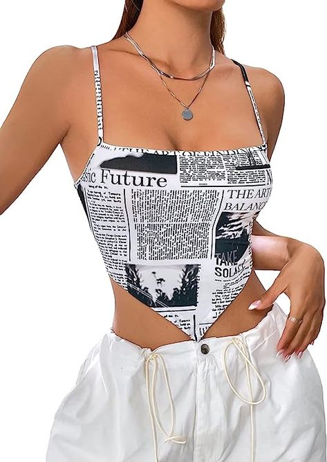 Newspaper Top, Backless Cami Top, Newspaper Print, Top Shein, Vintage Crop Tops, Women Tank Tops, Top Crop, Bandana Print, Print Crop Tops