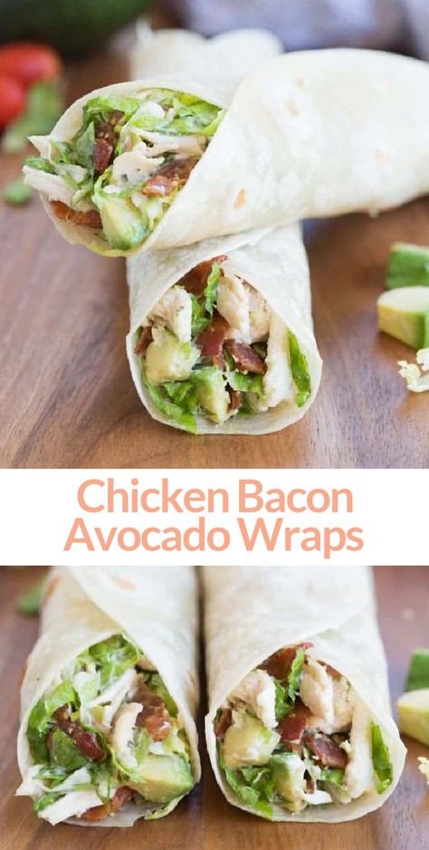 Chicken Bacon Avocado Wrap is one of my favorite easy dinner ideas! Lettuce, chicken, bacon and avocados tossed in a yummy dressing and layered inside a tortilla. #chicken #bacon #avocado #easyrecipes #easydinnerideas Chicken Bacon Avocado, Avocado Wraps, Wrap Chicken, Bacon Casserole, Avocado Wrap, Healthy Food Guide, Bacon Avocado, Healthy Food Facts, Popcorn Chicken