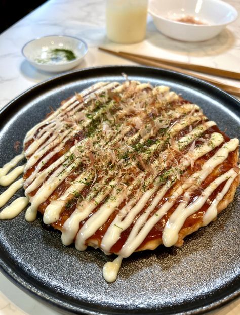 Okonomiyaki (Japanese savory pancake) | Iankewks Japanese Food Breakfast, Japanese Okonomiyaki, Okonomiyaki Sauce, Kewpie Mayonnaise, Tonkatsu Sauce, Shredded Cabbage, Tempura Batter, Japanese Street Food, Savory Pancakes