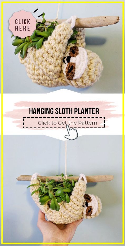 crochet Hanging Sloth Planter easy pattern - Easy Crochet Planter Pattern for Beginners. Click to Try the Pattern #Planter #crochetpattern #crochet via @shareapattern.com Hanging Sloth Planter, Sloth Planter, Crochet Plant Hanger, Crochet Sloth, Crochet Hanging, Ripple Pattern, Clothes Tutorial, Mode Crochet, Beginner Knitting Projects