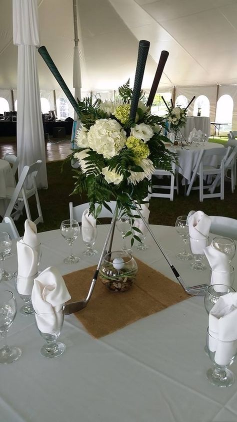 Love these Golf-Themed Centerpieces! Golf Club Centerpiece Ideas, Elegant Golf Theme Party, Golf Themed Dinner Party, Golf Wedding Centerpieces, Golf Club Flower Arrangement, Golf Wedding Theme Centerpieces, Golf Themed Centerpieces Ideas, Golf Tournament Decor, Golf Themed Grooms Table