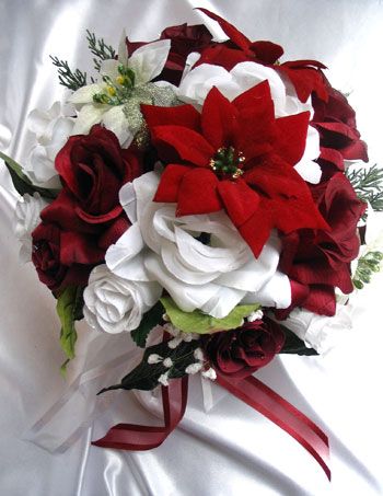 Winter Bridal Silk Bouquet Red poinsettia, white roses, white poinsettia, burgandy roses, accented greenery, hand tied with burgandy ribbon. Contact us for custom orders. Garden Ideas Budget, Wedding Garden Ideas, Budget Bridal Bouquet, Wedding Flowers Burgundy, Bridal Shower Bouquet, Christmas Wedding Bouquets, Christmas Wedding Flowers, Winter Wedding Red, Holiday Bouquet