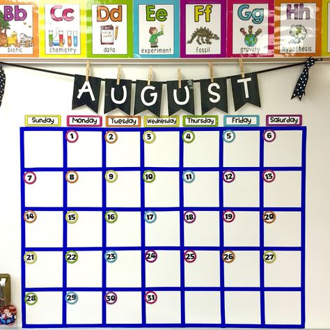 Full year large calendar pack in neon! Classroom Whiteboard Calendar, Classroom Color Scheme, Whiteboard Organization, Class Calendar, Classroom Whiteboard, Neutral Classroom, Full Year Calendar, Large Calendar, Teacher Preparation