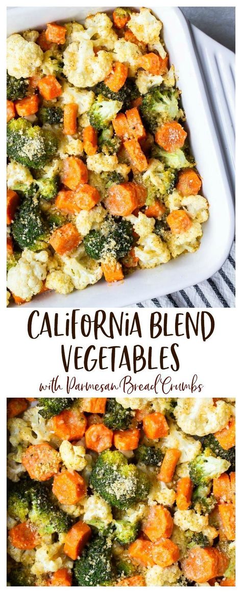 California Blend Vegetables with Parmesan Bread Crumbs is an easy side dish recipe made of broccoli, carrots, and cauliflower topped with breadcrumbs! Tasty Vegetable Sides, Vege Side Dish, Veggie Melody Recipe, Frozen Veggie Recipes Side Dishes, Frozen California Medley Recipes, Frozen California Blend Vegetable Recipes, Frozen Vegetable Recipes Sides, Vegetables For Party, Broccoli Cauliflower Side Dish