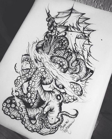 Sketches Tattoo Design, Pirate Ship Tattoo, Kraken Tattoo, Squid Tattoo, Octopus Tattoo Design, The Sea Witch, Sketches Tattoo, Pirate Tattoo, Octopus Tattoos