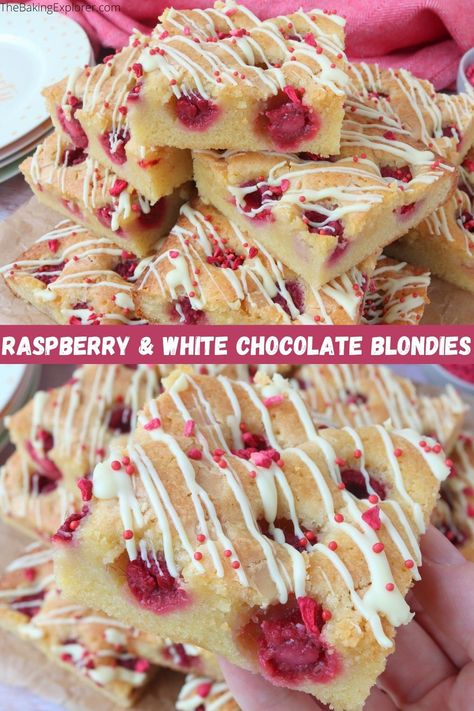 Recipe for Raspberry & White Chocolate Blondies - filled with sweet white chocolate and fresh tangy raspberries. Easy to make and delicious! #blondies #thebakingexplorer #whitechocolate #raspberries #traybake White Chocolate Raspberry Brownies, Raspberry And White Chocolate Blondies, Brownies And Blondies Recipes, Raspberry Blondies Recipe, White Chocolate Raspberry Blondies, Brownie Blondie Recipes, Raspberry Baking Recipes, Raspberry Dishes, Raspberry Traybake