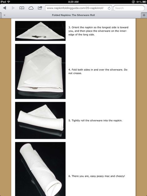 Easy napkin roll for silverware. Restaurant Utensils Ideas, Silverware Roll Ups, Rolled Napkins With Utensils, Restaurant Utensils, How To Clean Silverware, Paper Napkin Folding, Laundry Room Organization Storage, Graduation Dinner, Organization Storage