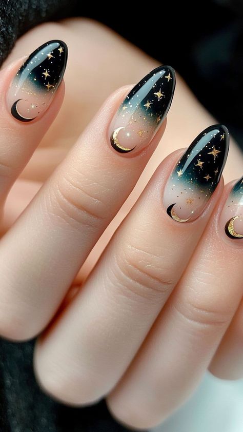 23 Neutral Halloween Nail Ideas for a Stylish Yet Subtle Look | Lookosm Moon And Star Nail Art, Halloween Moon Nails, Simple Moon Nails, Subtle Spooky Nails, Halloween Nails Moon, Star Moon Nails, Stars And Moon Nails, Moon And Stars Nail Art, Moon Phase Nails