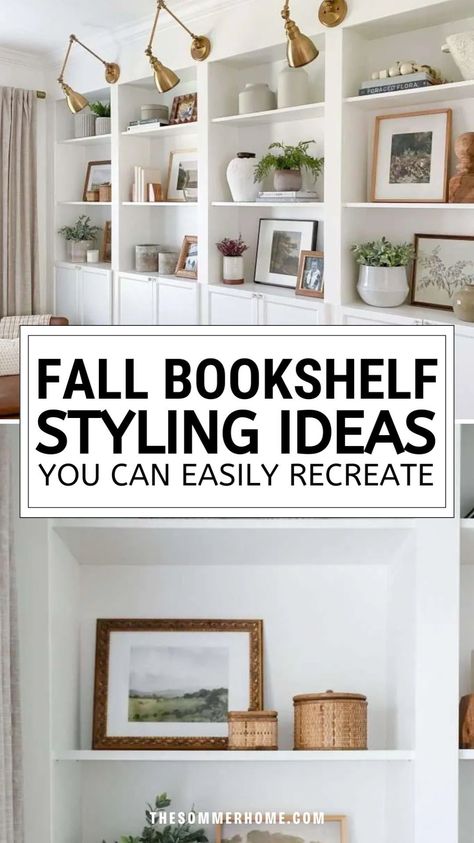 Explore cozy vibes with our blog post on Decorating for Fall: Fall Bookshelf Decor Ideas. Discover creative ways to incorporate Fall Bookshelf Decor into your home. From rustic accents to autumn hues, find inspiration for Decorating For Fall that transforms your bookshelves into seasonal showcases. Decorating Bookshelves For Fall, Decorating Living Room Shelves, Fall Bookshelf Decor, Built In Shelf Decor, Bookshelf Decor Ideas, Fall Bookshelf, Style Bookshelves, Styled Bookshelves, Fall Living Room Ideas