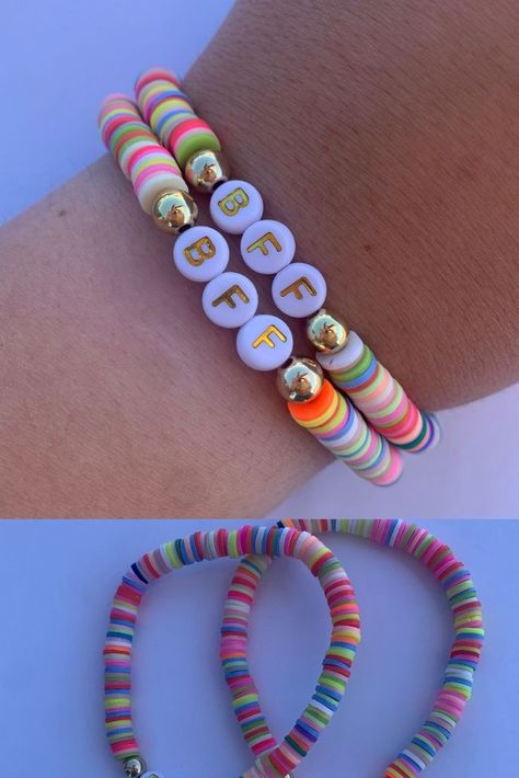 Matching Bff Clay Bead Bracelets, Clay Bead Bracelet Ideas Matching Bff, Bff Matching Bracelets, Matching Bff Bracelets, Pulseras Aesthetic, Heishi Bracelets, Matching Fits, Clay Bracelets, Heishi Bracelet