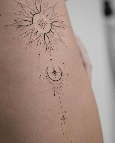 Single needle 🤍 Yana on Instagram: “A small part of a masterpiece, which is made with the thinnest needle 🖤” Sonne Mond Tattoo, Tattoo Sonne, Underboob Tattoo Designs, Mystical Tattoos, Small Girly Tattoos, Bauch Tattoos, Realistic Temporary Tattoos, Boho Tattoos, Foot Tattoos For Women