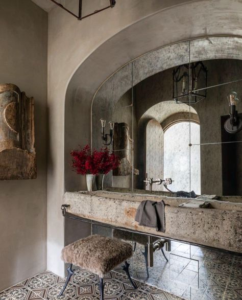 Limestone Bathroom, French Provence, Trough Sink, Spanish Tile, Sink Design, Mid Century House, Rustic Interiors, House Inspo, Amazing Bathrooms