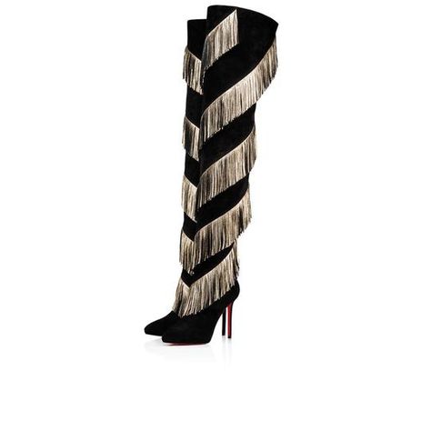 Christian Louboutin Bolcheva 120 Black Gold Fringe Thigh High OTK Knee Heel Boot 39  ********** Christian Louboutin **********   Brand: Christian Louboutin Size: 39 (know your Louboutin size)  Name: Bolcheva Color: Black / Platine Style: Thigh High Boots Style#: 3190845 Material: Veau Velours / Lame Tweed Over the knee, thigh high boots Standing on a 120mm heel Front platform Pointed front toe Black suede veau velours material Platine gold lame tweed fringe Pull on style Inside zipper access Thi Christian Louboutin Heels Outfit, Louboutin Boots, Louboutin Online, Brian Atwood Heels, Designer Woman, Christian Louboutin Boots, Louboutin Heels, Christian Louboutin Heels, Trend Style