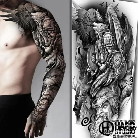 Animals Arm Tattoo, Bear Sleeve Tattoo Men, Bear Armor, Tato Mandala, Traditional Viking Tattoos, Fenrir Tattoo, Half Sleeve Tattoos Sketches, Rabe Tattoo, Warrior Tattoo Sleeve