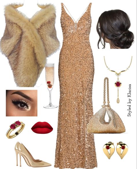 Gold Dress Outfits, New Year’s Eve Outfit, Gold Outfit, Glam Outfit, Virtual Stylist, Glam Dresses, Gold Fashion, Christmas Fashion, Gold Dress