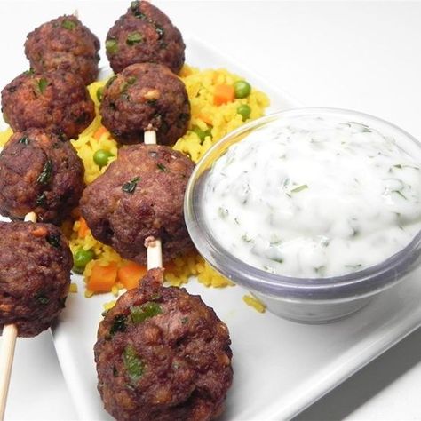 Ugandan Kabobs I "Very good recipe. The meatballs are good hot or cold and the dipping sauce is quite good, too." Uganda Recipe, Piroshki Recipe, Ugandan Food, Ground Beef Meatballs, Good Recipe, How To Cook Meatballs, Kabob Recipes, French Fried Onions, Beef Meatballs