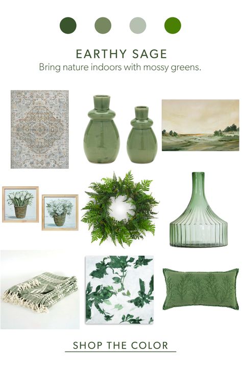 Bring nature to your indoor home decor with mossy greens, sage greans and fresh new sprigs of leaves. With accent pieces to add pops of color or large focal points to make this fresh hue the main attraction in your space. Peach Decor, Green Room Decor, Indoor Home Decor, Earthy Green, Green Room, Wood Tones, Focal Points, Green Collection, Main Attraction