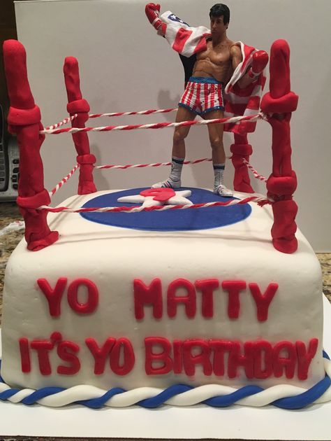 Rocky Boxing Ring Cake Rocky Balboa Birthday Cake, Rocky Party Theme, Rocky Balboa Party Ideas, Rocky Theme Birthday Party, Rocky Balboa Birthday Party, Rocky Birthday Party, Rocky Balboa Cake, Boxing Birthday Party Ideas, Rocky Boxing