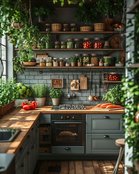 🖤 Dark Boho Kitchen Dreams: Where Edgar Allan Poe Meets Morticia Addams 🍳 Transforming my tiny kitchen into a moody culinary wonderland! Picture this: * Dramatic black cabinets with gleaming brass accents * Classic New York subway tiles for that urban edge * Open shelves showcasing my eclectic collection - glass skulls rubbing elbows with vintage lab beakers 🧪💀 * Shimmering copper pots ready for witchy brews (or just really good pasta) * Lush greenery breathing life into every corner 🌿 It’s a... Moody Kitchen, Cosy Kitchen, Cottage Kitchens, Boho Kitchen, Unique Kitchen, Cottage Kitchen, Dream House Decor, Rustic Kitchen, Country Kitchen