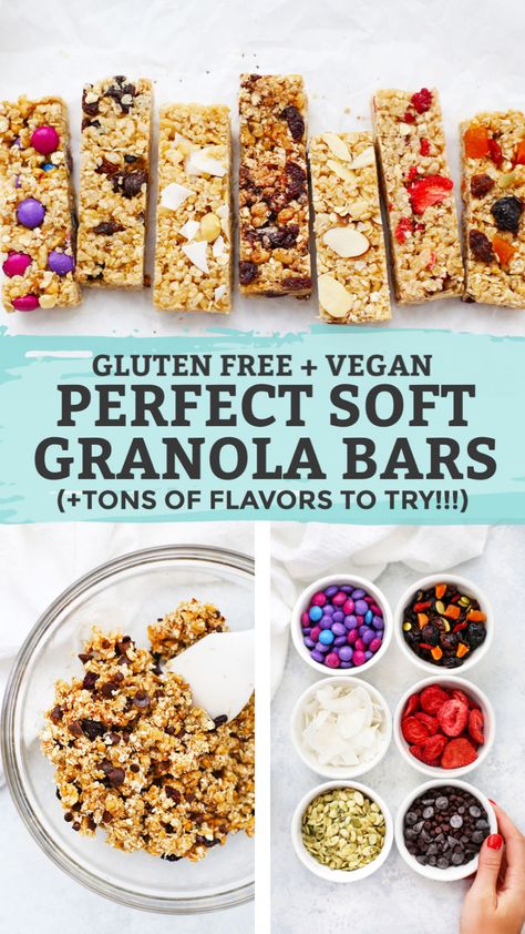 These homemade soft granola bars are loaded with goodies and naturally sweetened. A perfect healthy snack or school lunch idea! (Naturally sweetened, gluten free, vegan friendly.) // Gluten Free Granola Bars // Healthy Granola Bar Recipe // Homemade Granola Bars // After School Snack // Chewy Granola Bars // Healthy Snack // #glutenfree #dairyfree #granolabars #healthysnack #snack #schoollunch Homemade Soft Granola, Soft Granola Bars, Healthy Granola Bar Recipe, Granola Bars Healthy, Healthy Granola Bar, Granola Bar Recipe Healthy, Soft Granola, Gluten Free Granola Bars, Bars Gluten Free