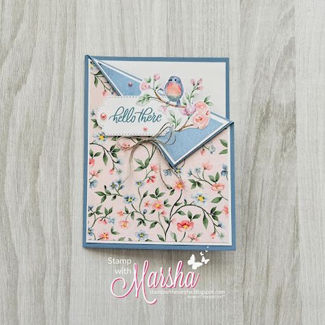 Corner Fold Card Tutorial, Flight And Airy Dsp Cards, Corner Fold Cards, Fancy Folds Cards Tutorials, Flight And Airy Stampin Up Cards, Stampin Up Flight And Airy Dsp, Fun Fold Cards Templates, Wrapping Paper Crafts, Fancy Fold Card Tutorials