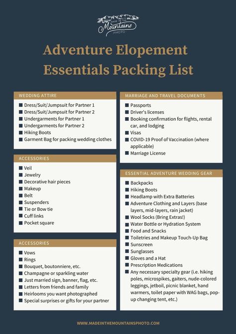 What to Pack for an Adventure Elopement + Free Downloadable Checklist [Updated for 2022] Elopement Packing List, Elopement Checklist Cheat Sheets, Elopement Planning Checklist, Herbal Wedding, Elopement Checklist, Eloped Wedding, Elopement Dresses, Packing Essentials List, Elopement Planning