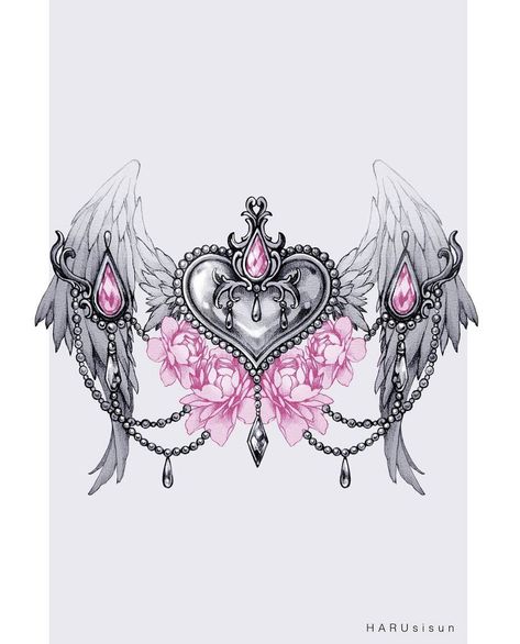 Chest Tattoo Designs Female, Chandelier Tattoo, Cute Thigh Tattoos, Stomach Tattoos Women, Gem Tattoo, Angel Tattoo Designs, Chest Tattoos For Women, Chest Piece Tattoos, Leg Tattoos Women