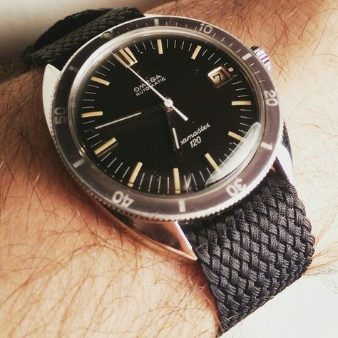 Vintage Omega Seamaster 120 with perlon straps!!! Omega Seamaster 120, Iconic Watches, Moon Watch, Perpetual Motion, Seiko 5, Vintage Omega, Watch Straps, Omega Seamaster, Beautiful Watches