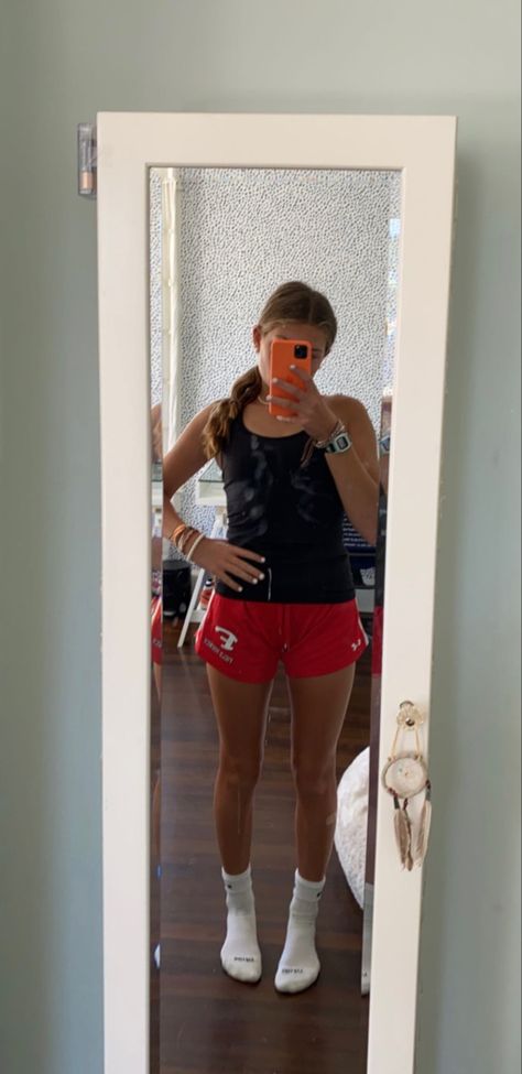 Shark Watch Outfit, Under Armor Shorts Outfit, Athletic Shorts And Tank Top Outfit, Lululemon Hotty Hot Shorts Black Outfits, Lululemon Ebb To Street Tank Outfit, How To Wear Nike Socks, Red Shorts Outfit Aesthetic, Red Lululemon Shorts Outfit, Red Athletic Outfit