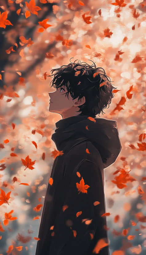 Young character lost in thought surrounded by the falling leaves signaling a new season fast approaching Autumn Rain, Lost In Thought, Manga Boy, Beautiful Backgrounds, Autumn Aesthetic, Boy Art, Main Characters, Autumn Leaves, Anime Boy