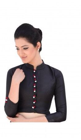 Chinese collar saree blouse Normal Blouse, Full Sleeves Blouse Designs, Black Blouse Designs, Saree Jacket Designs, Long Blouse Designs, Blouse Designs High Neck, Cotton Blouse Design, Blouse Back Neck Designs, Blouse Design Images