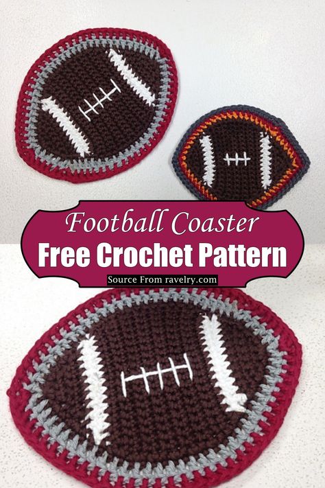 Football Coasters Diy, Crochet Football Coasters Free Pattern, Free Football Crochet Patterns, Crochet Football Applique Pattern Free, Football Crafts To Sell, Crochet Football Pattern Free, Crochet Football Blanket, Crochet Football Pattern, Crocheted Decorations