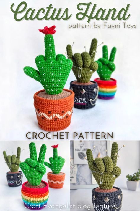 Crochet Cactus Amigurumi Free Pattern, Cactass Crochet Pattern, Crochet Cactus Pin Cushion Free Pattern, Crochet Thing Hand Pattern, Mood Cactus Crochet, Crochet Mood Cactus, Crochet Middle Finger Cactus, Mood Cactus Crochet Pattern, Cactass Crochet