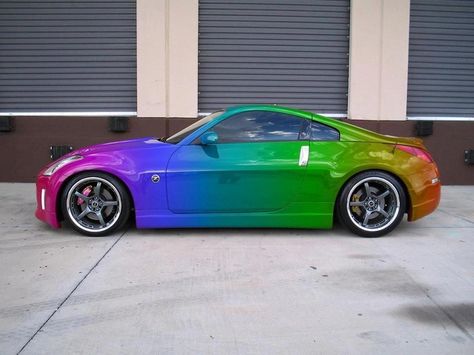 Touch the Rainbow. Nissan 350Z. Rainbow Sports car. ❤ Nissan Z Cars, Pink Cars, Nissan Gtr R34, Nissan Z, Think Pink, Car Graphics, Pink Car, Nissan 350z