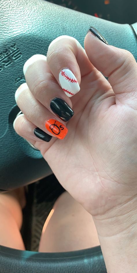 Orioles Nail Design, Baltimore Orioles Nails, Orange Baseball Nails, Orioles Nails, Baseball Gel Nails, Baseball Nail Designs, Orioles Baseball Shirts, Baseball Nails, Orioles Baseball