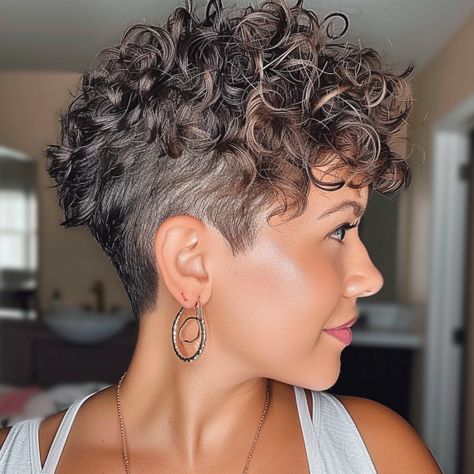 Curly Pixie with Tapered Sides Curly Gray Pixie, Short Hair Styles For Curly Hair Over 50, Naturally Curly Pixie Haircut, Short Curly Hair Shaved Side, Short Pixie With Undercut, Short Pixie Cut Curly Hair, Pixie Haircut For Curly Hair, Curly Pixie Cuts Naturally, Short Curly Pixie Haircuts