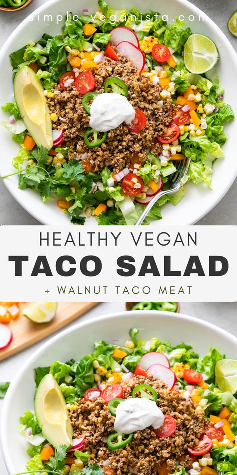 Vegan Taco Salad Recipe, Walnut Taco Meat, Taco Salad Recipe Healthy, Simple Veganista, Vegan Taco Salad, Taco Salat, Taco Salad Recipe, Healthy Tacos Salad, Vegan Taco