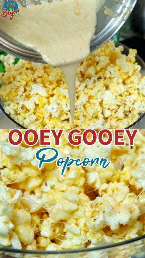 This sweet and salty popcorn snack is the ultimate kid party food. The ingredients for this marshmallow popcorn treat are the buttery, sugary, salty things we love about a good snack. Ooey-Gooey Popcorn is made with marshmallow cream, theater popcorn, and more butter for a sweet and salty marshmallow popcorn snack. This popcorn snack is like popcorn balls in a large bowl. Perfect snack for harvest parties, Halloween parties and any other fall activities. #halloween #popcorn #glutenfree Gooey Popcorn Recipe, Gooey Popcorn, Caramel Snack Mix, Baked Mostaccioli Recipe, Flavored Popcorn Recipes, Popcorn Recipes Sweet, Sweet Snacks Easy, Popcorn Sweet, Popcorn Balls Recipe