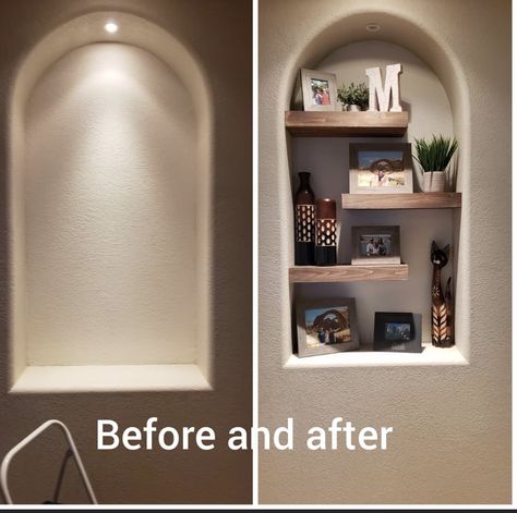 Home Niche Ideas, Ideas For Niches In Walls, Small Wall Niche Decor, Farmhouse Wall Niche, Entry Niche Decor, Wall Cutout Decor Nooks, Deep Wall Niche Ideas, Baramda Design, Arched Niche In Wall