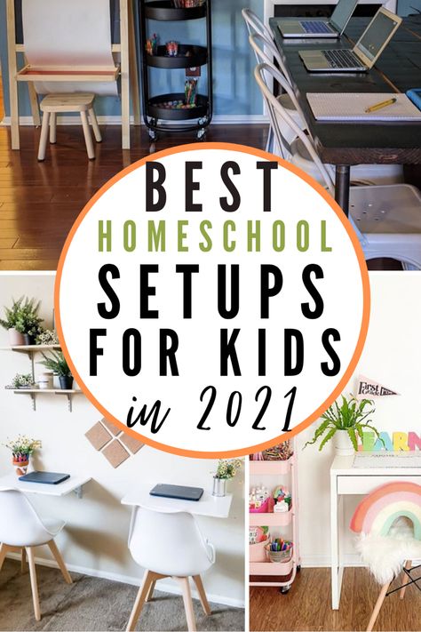 Homeschool tips for 2021. How to set up your kids home school area at home. Virtual learning spaces. Remote learning ideas. Virtual learning tips. #homeschooling #VirtualLearning Home School Classroom Ideas, School Area At Home, Virtual Learning Home Set Up, Homeschooling Set Up, Home School Setup, Kids Learning Corner At Home, Homeschool Desk Ideas Work Stations, Homeschool Set Up, Home School Area