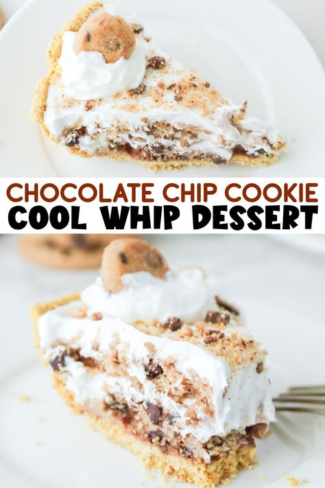 This Chocolate Chip Cookie Cool Whip Dessert is the perfect no-bake treat. Combining creamy whipped topping with crunchy cookies, it'll be your new favorite summer dessert! Chocolate Chip Cookie Pudding Dessert, Things To Make With Cool Whip, Cool Whip Recipes Healthy, Whip Cookies, Cool Whip Pies, Crunchy Chocolate Chip Cookies, Cool Whip Cookies, Chocolate Chip Cookie Pie, Cool Whip Desserts