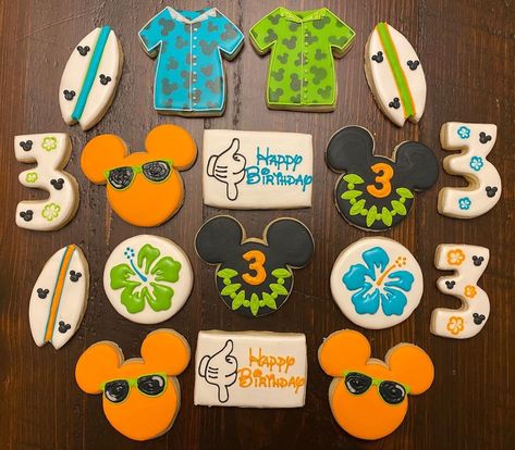 Mickey Surf Party, Summer Mickey Mouse Party, Mickey Beach Party Birthday, Mickey Mouse Beach Theme Party, Mickey Summer Birthday, Surf Theme Party, Luau Cookies, List Of Favorites, Mickey 1st Birthdays